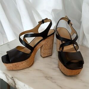 Michael Kors "Abbott" Platform Wedge Sandals Black Leather Buckle 9 M